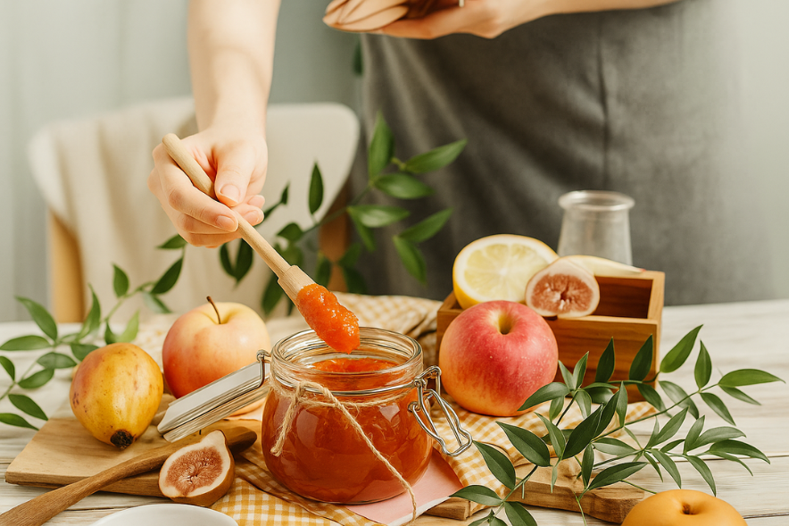 photo with woman in kitchen filling jars with apple marmalade