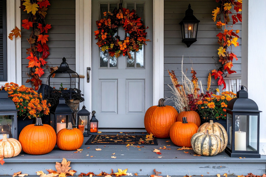 photo showing home enrance with fall decorations