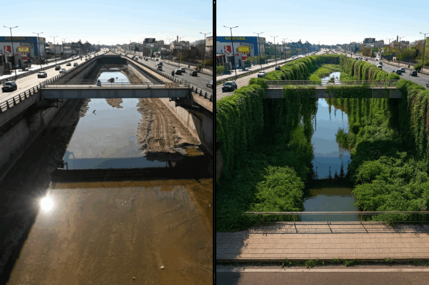 image showing two alternatives of Athenian road (with and without greenery)