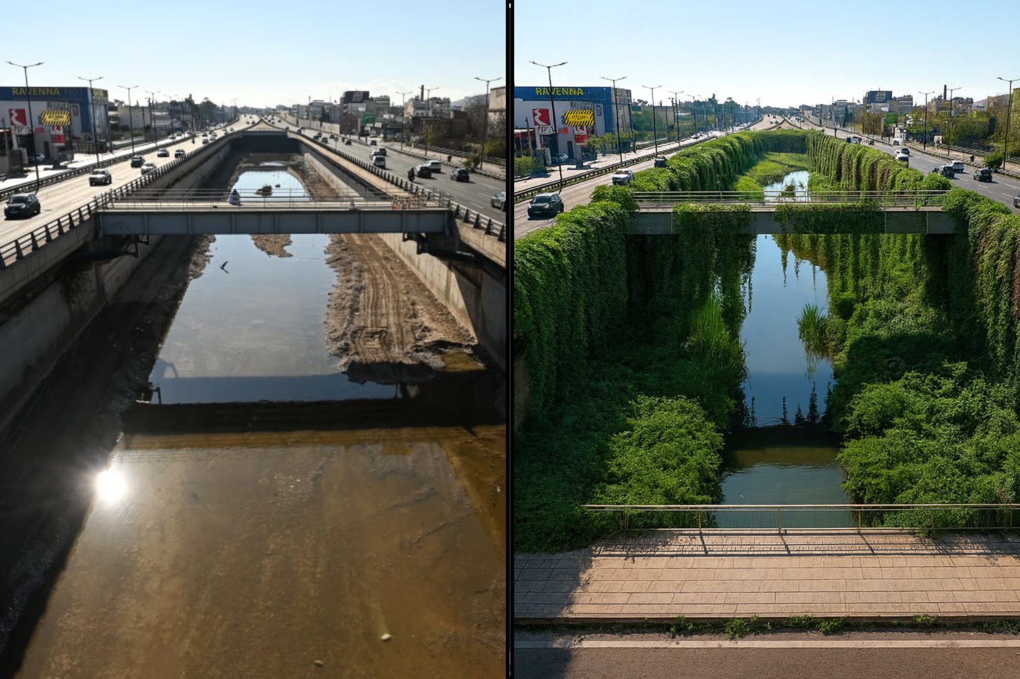image showing two alternatives of Athenian road (with and without greenery)