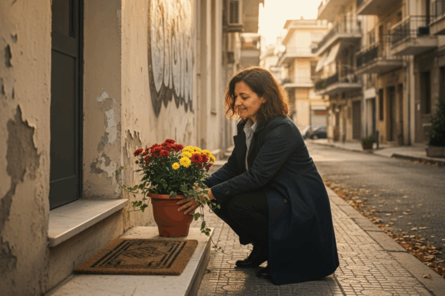 Γυναίκα τοποθετεί γλάστρα με φθινοπωρινά λουλούδια μπροστά από είσοδο σε ελληνικό δρόμο.